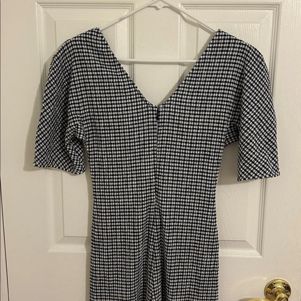 Staud Fraise Gingham Seersucker Ruched Short Sleeve Jumpsuit Navy New Size 6